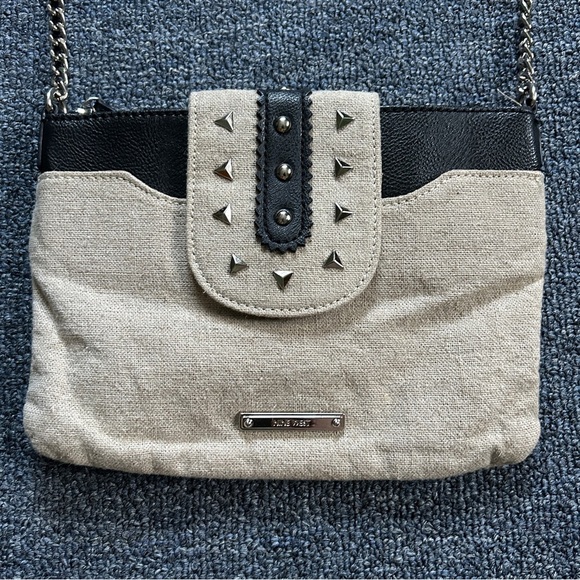 Nine West Black Beige Tweed Faux Leather Strap Crossbody Handbag - Picture 2 of 14